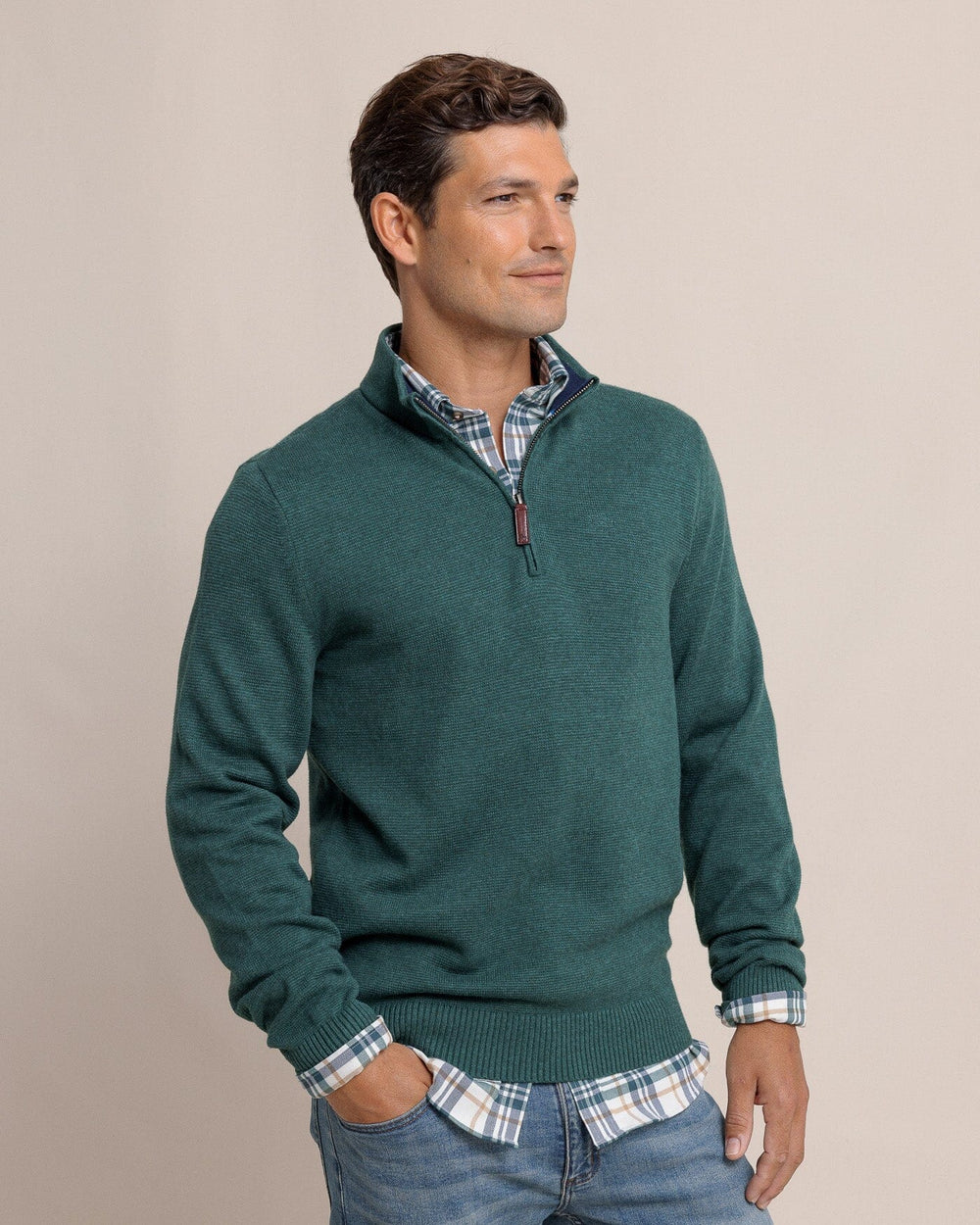 The side view of the Southern Tide Oakatie Heather Quarter Zip Sweater by Southern Tide - Heather Salt Meadow