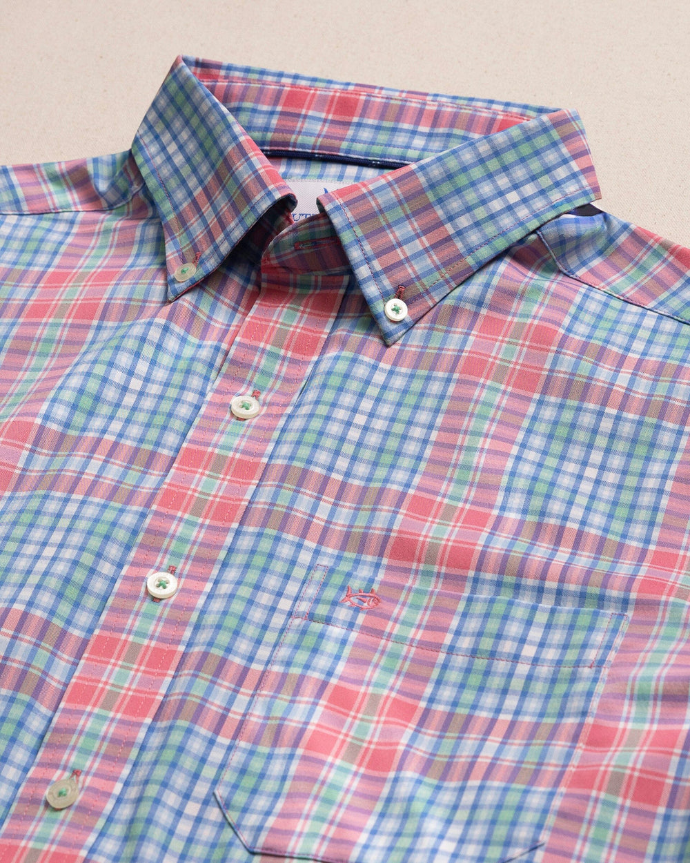 The detail view of the Southern Tide Ocean Isle Coastal Breeze® Sport Shirt by Southern Tide - Island Pink