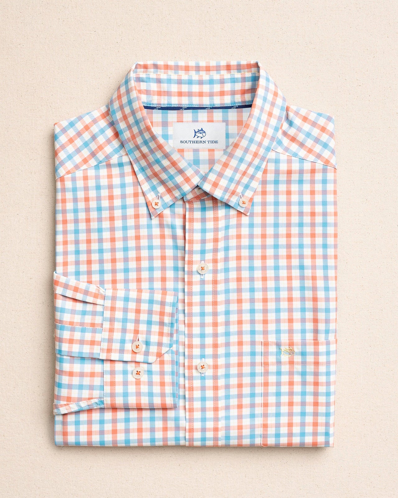 The front view of the Southern Tide Ocean Song Coastal Breeze® Sport Shirt by Southern Tide - Orange Blossom