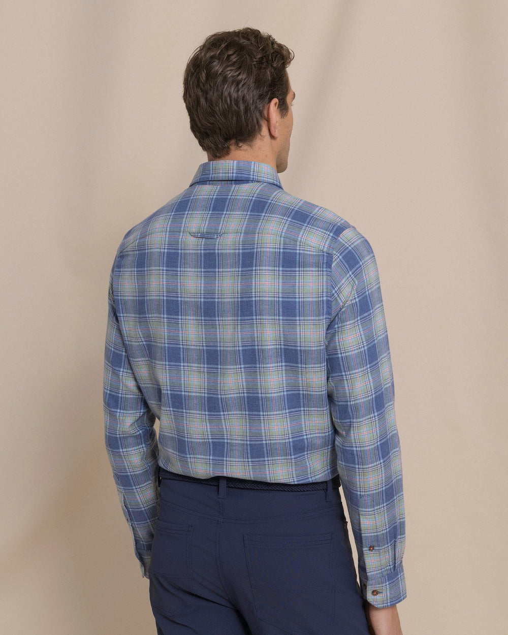 The back view of the Southern Tide Ocean View Heather Brushed Twill Sport Shirt by Southern Tide - Heather Nautical Blue