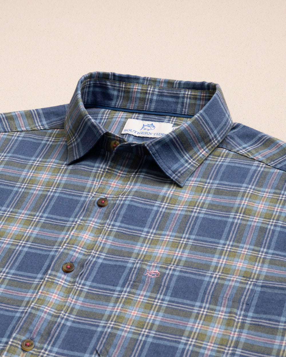 The detail view of the Southern Tide Ocean View Heather Brushed Twill Sport Shirt by Southern Tide - Heather Nautical Blue