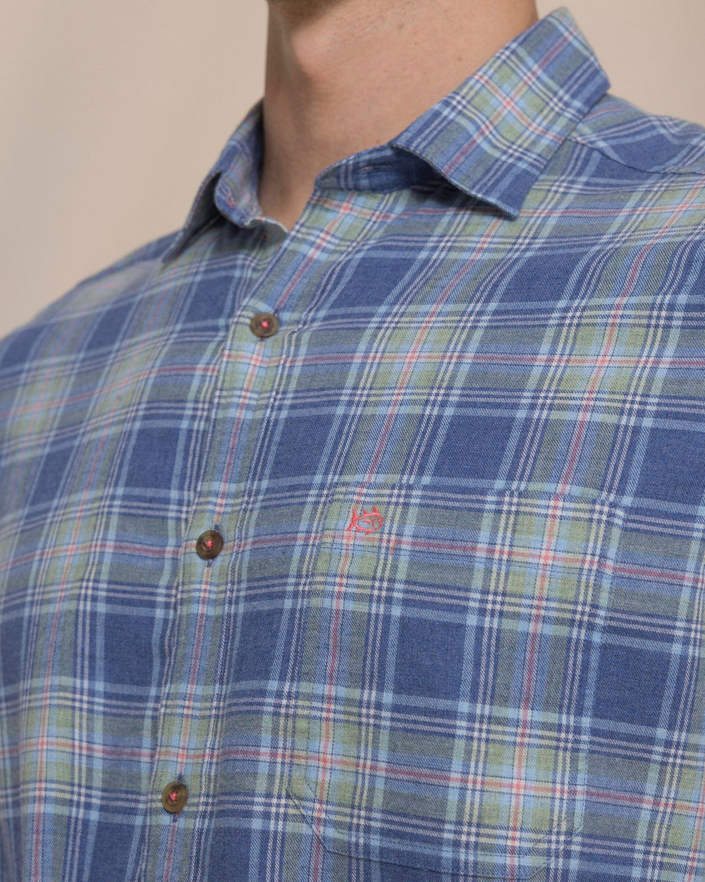 The detail view of the Southern Tide Ocean View Heather Brushed Twill Sport Shirt by Southern Tide - Heather Nautical Blue