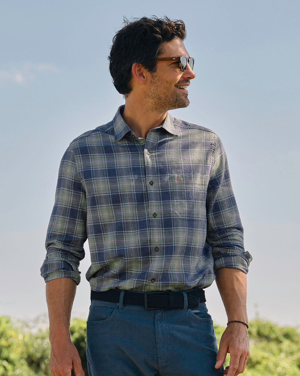 The lifestyle view of the Southern Tide Ocean View Heather Brushed Twill Sport Shirt by Southern Tide - Heather Nautical Blue