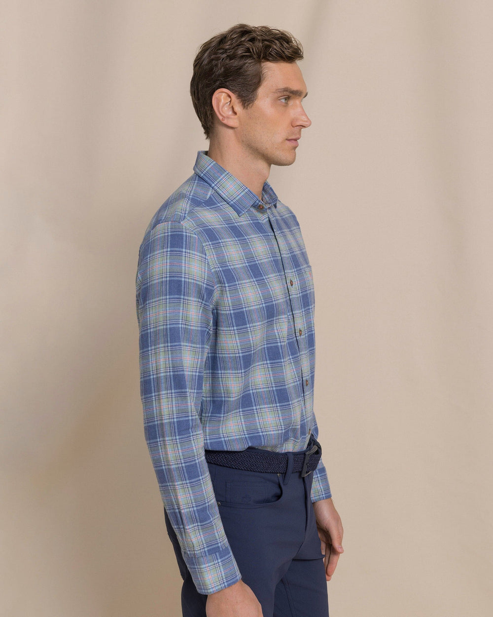 The side view of the Southern Tide Ocean View Heather Brushed Twill Sport Shirt by Southern Tide - Heather Nautical Blue