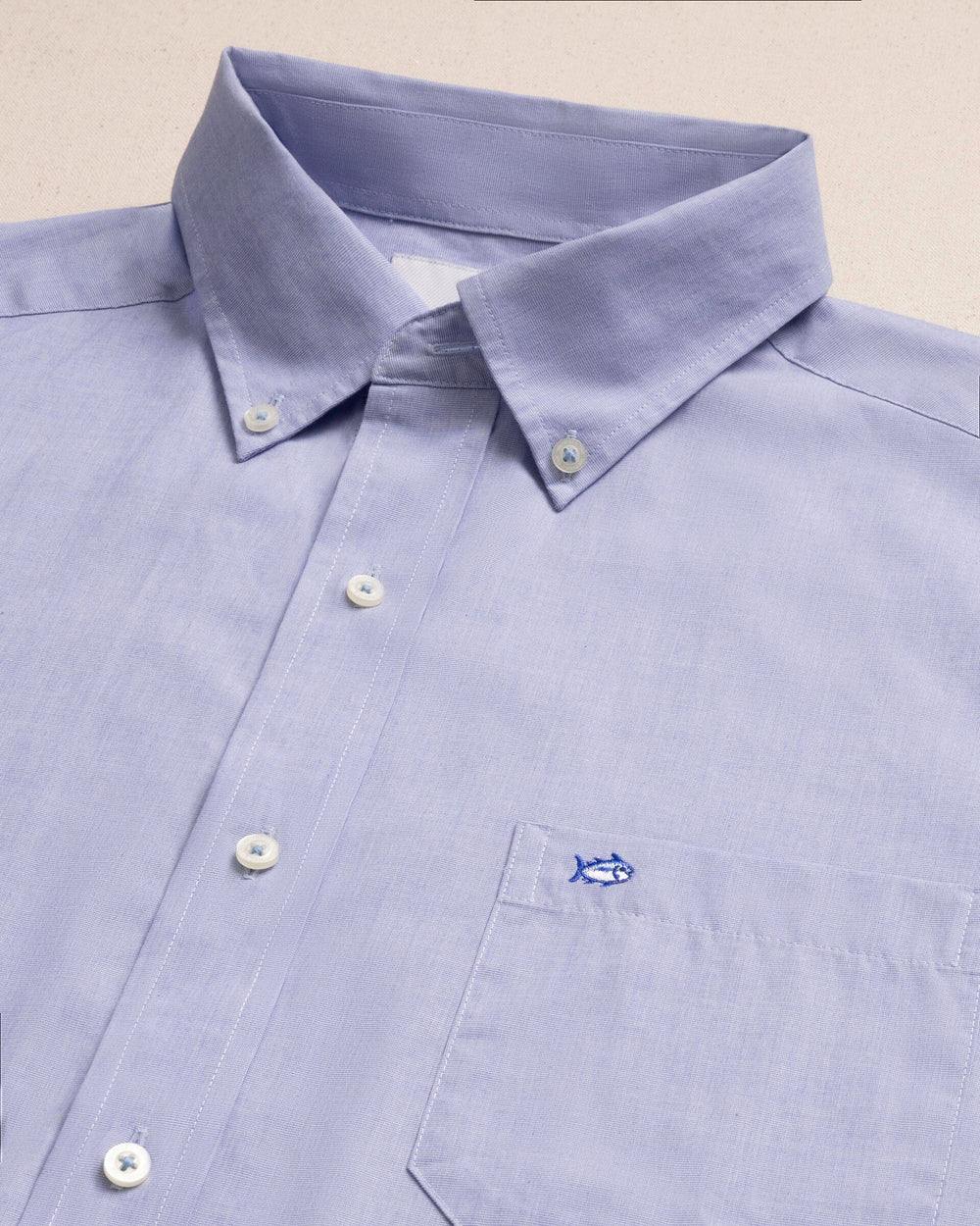 The detail view of the Southern Tide Offshore End on End Sport Shirt by Southern Tide - Light Blue