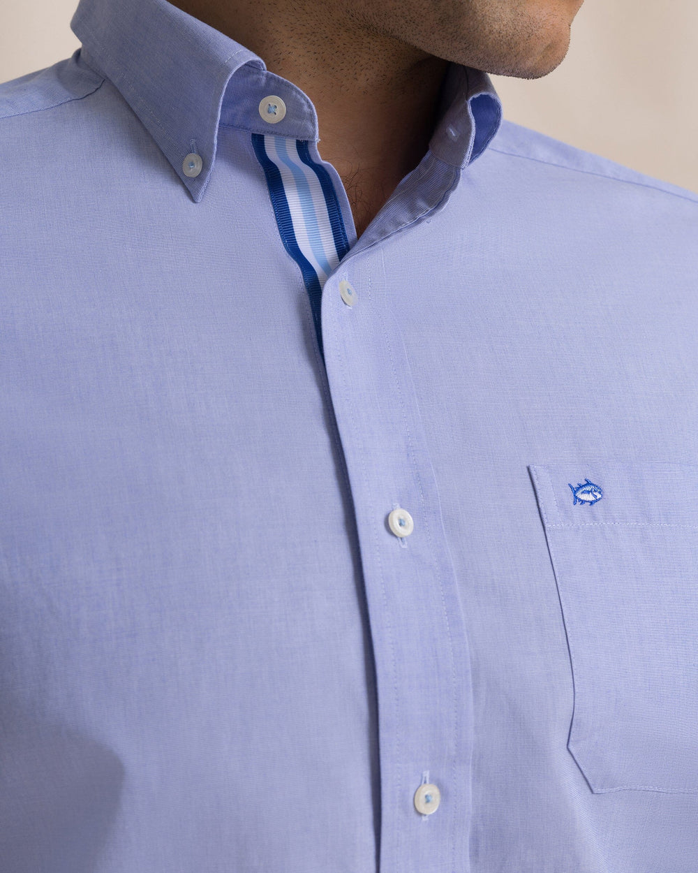 The detail view of the Southern Tide Offshore End on End Sport Shirt by Southern Tide - Light Blue