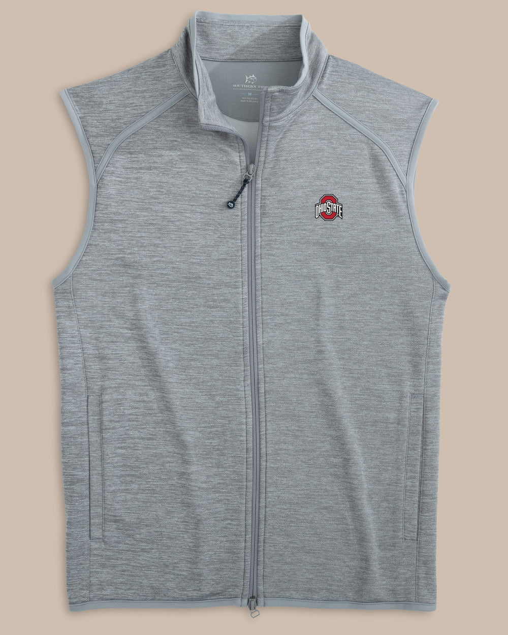 The front view of the Ohio State Buckeyes Baybrook Heather Vest by Southern Tide - Heather Ultimate Grey