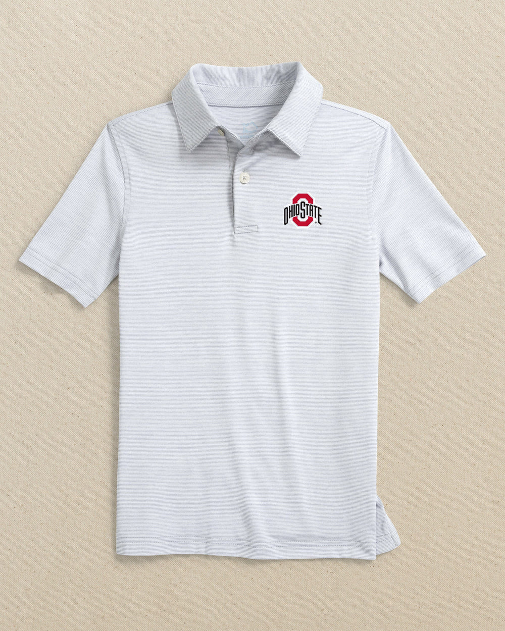 The front view of the Southern Tide Ohio State Buckeyes Boys Driver Spacedye Polo Shirt by Southern Tide - Slate Grey