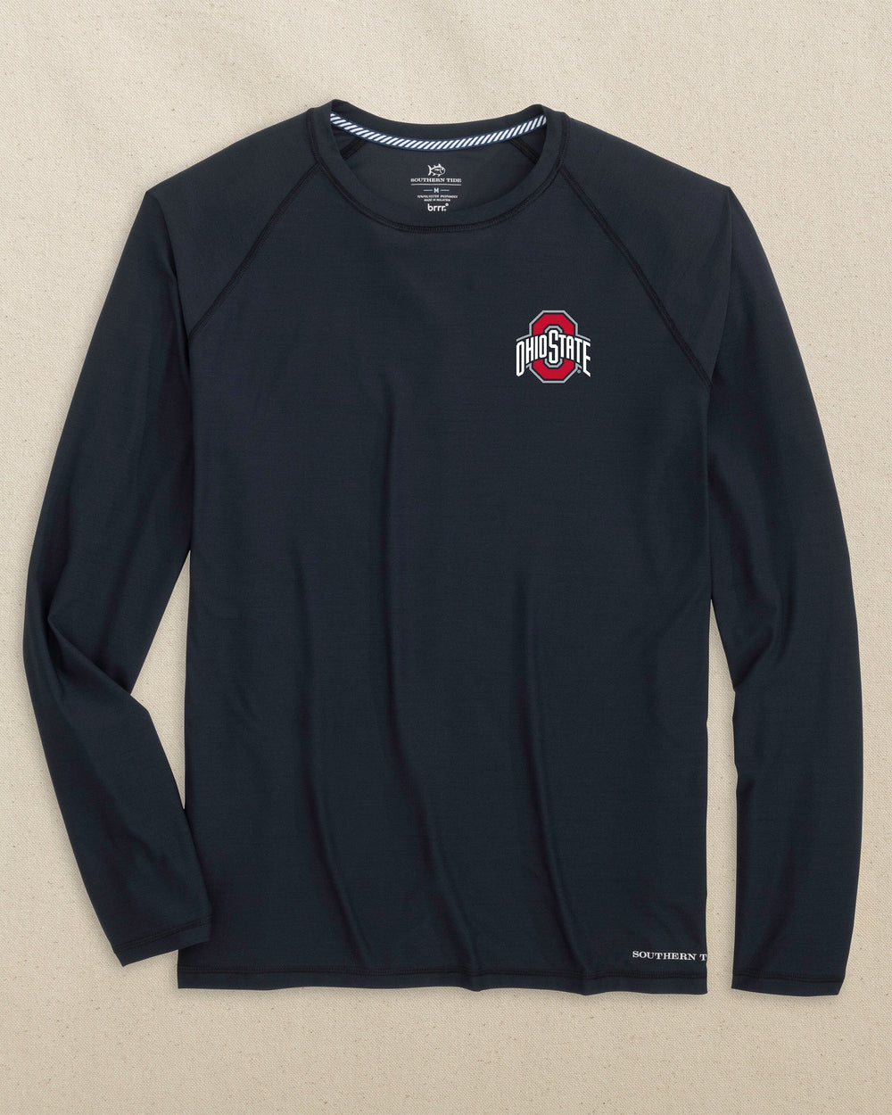 The front view of the Southern Tide Ohio State Buckeyes brrr°®-illiant Performance Long Sleeve T-Shirt by Southern Tide - Caviar Black
