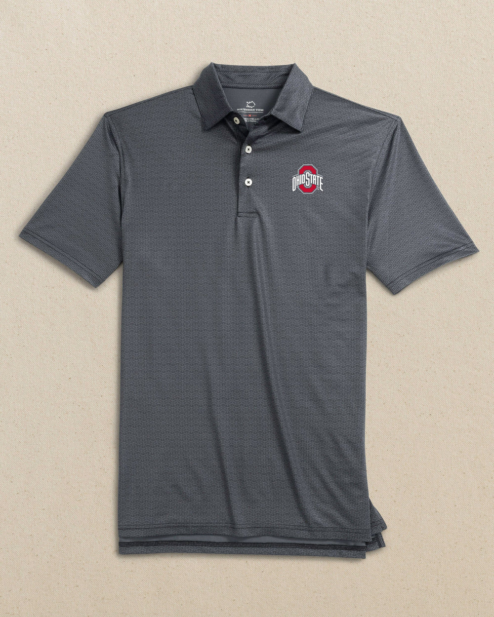 The front view of the Southern Tide Ohio State Buckeyes Driver ST Geo Printed Polo by Southern Tide - Caviar Black
