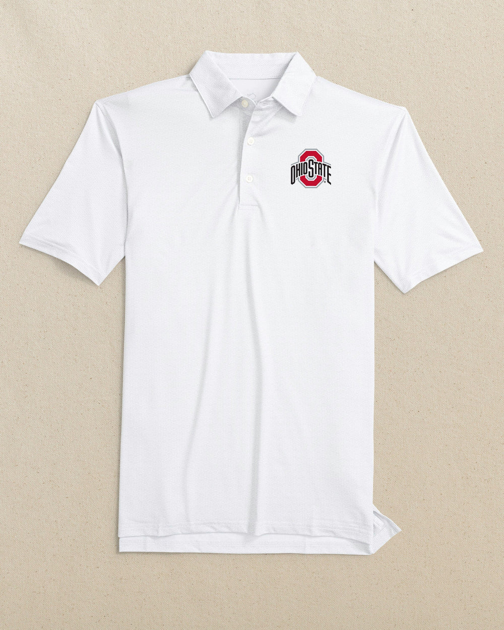 The front view of the Southern Tide Ohio State Buckeyes Driver ST Geo Printed Polo by Southern Tide - Classic White