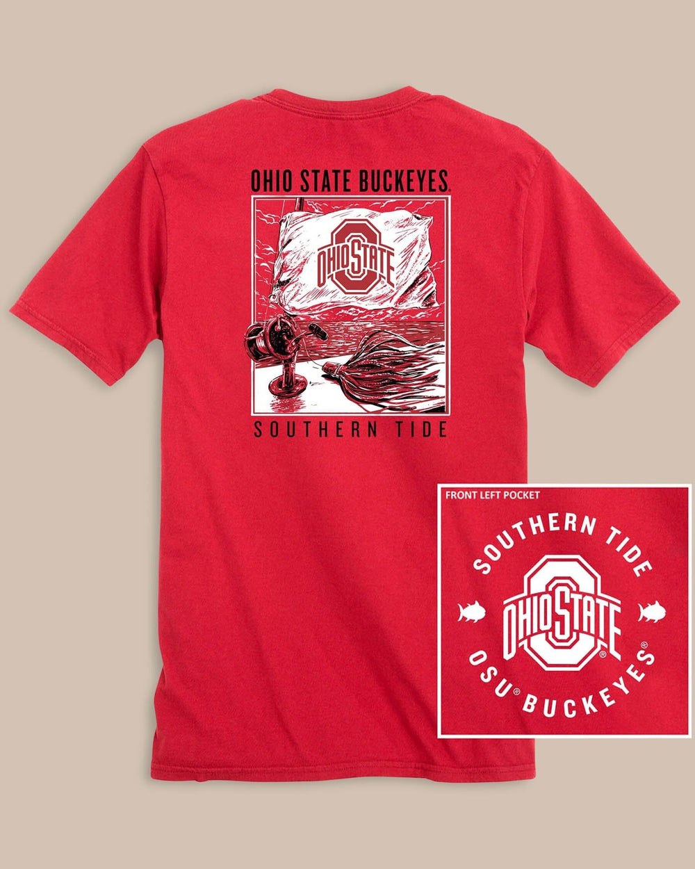The back view of the Ohio State Buckeyes Fishing Flag T-Shirt by Southern Tide - Varsity Red