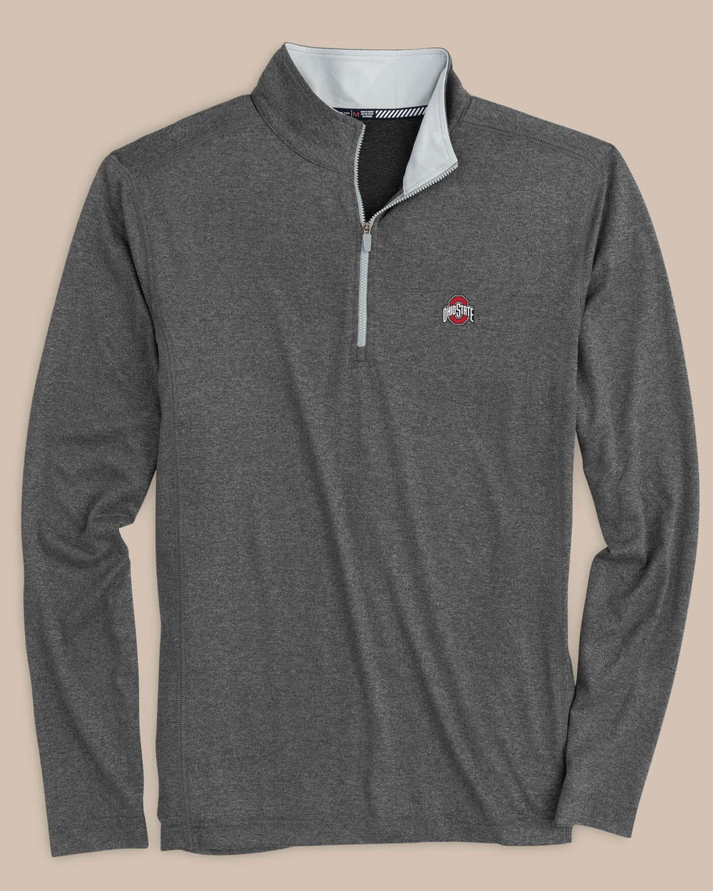 The front view of the Men's Ohio State Buckeyes Flanker Quarter Zip Pullover by Southern Tide - Heather Polarized Grey
