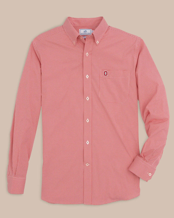 The front view of the Men's Red Ohio State Buckeyes Gingham Button Down Shirt by Southern Tide - Varsity Red