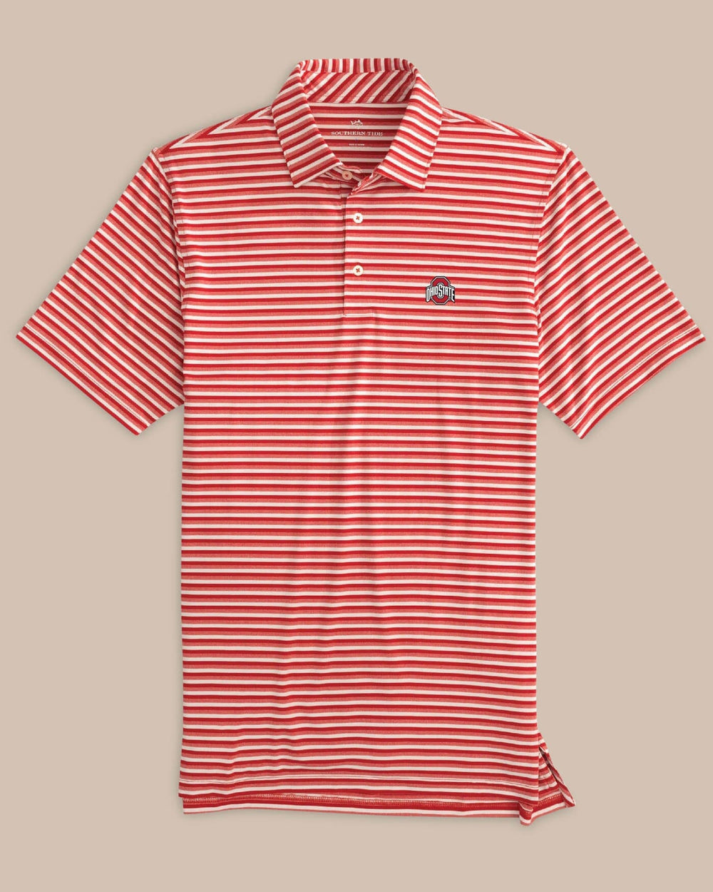 The front of the Men's Ohio State Buckeyes Heathered Striped Performance Polo Shirt - Varsity Red