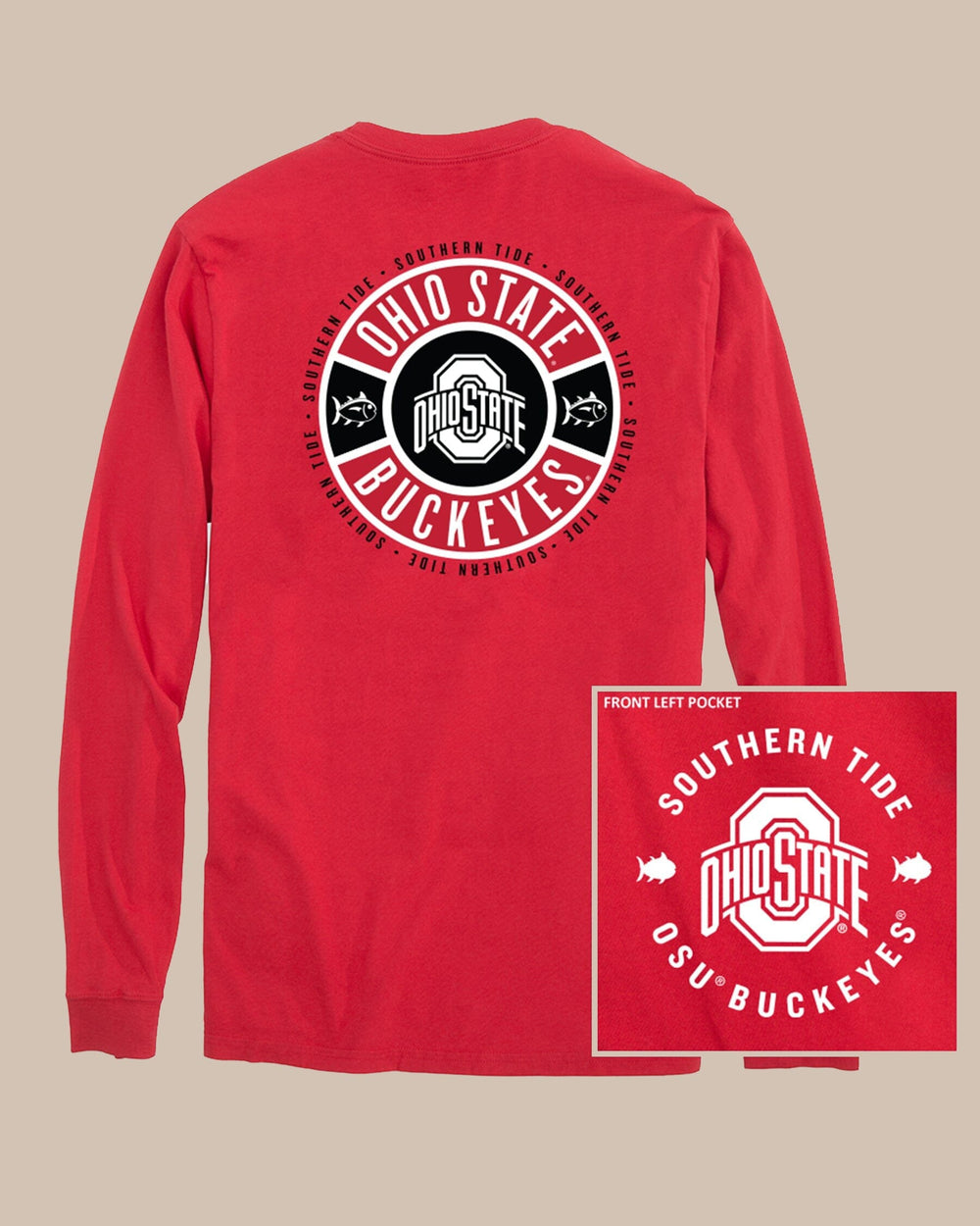 The back view of the Southern Tide Ohio State Buckeyes Ring Badge T-Shirt by Southern Tide - Varsity Red