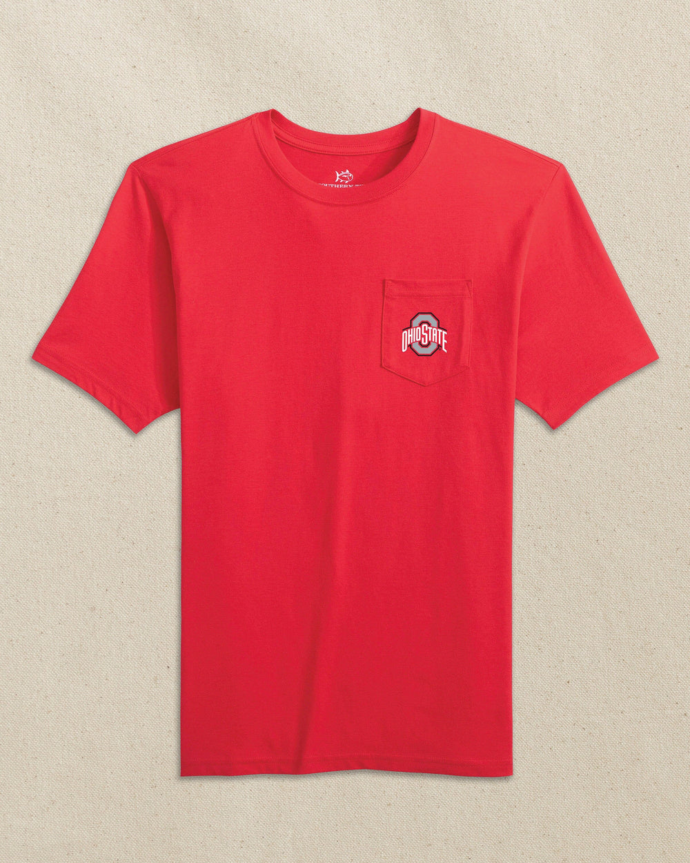 The front view of the Southern Tide Ohio State Buckeyes Skipjack Play Short Sleeve T-Shirt by Southern Tide - Varsity Red and Grey