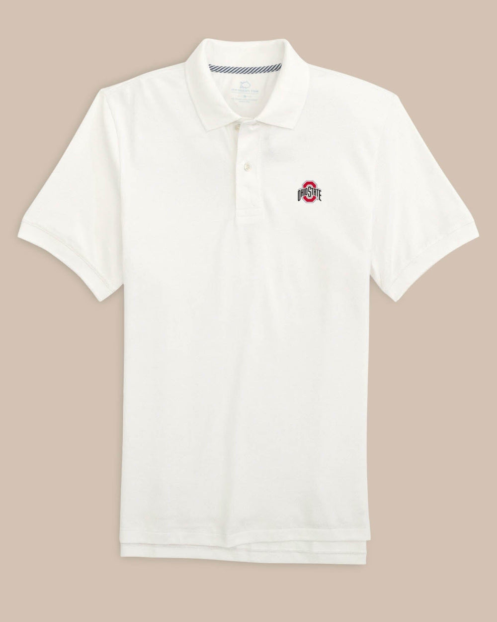 The front view of the Ohio State Buckeyes Skipjack Polo by Southern Tide - Classic White