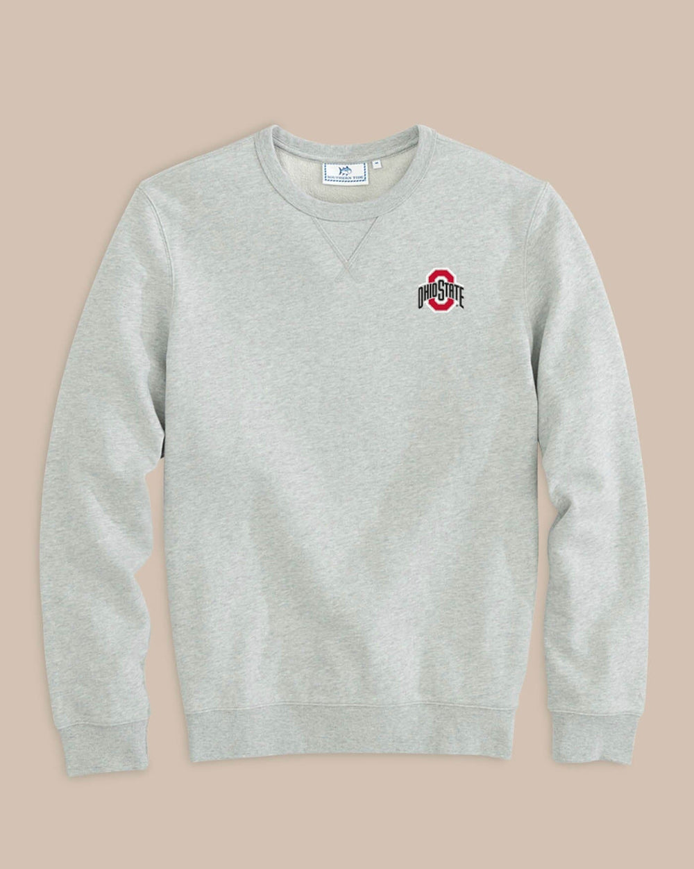 The front of the Men's Ohio State Buckeyes Upper Deck Pullover Sweatshirt by Southern Tide - Heather Slate Grey