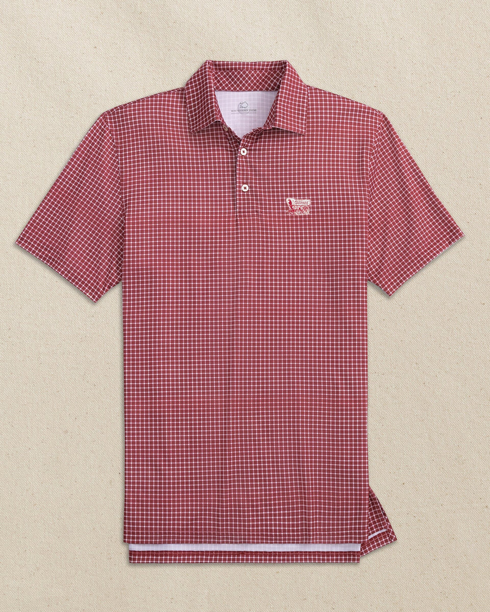 The front view of the Southern Tide Oklahoma Sooner Schooner Driver Dunes Edge Plaid Polo by Southern Tide - Crimson