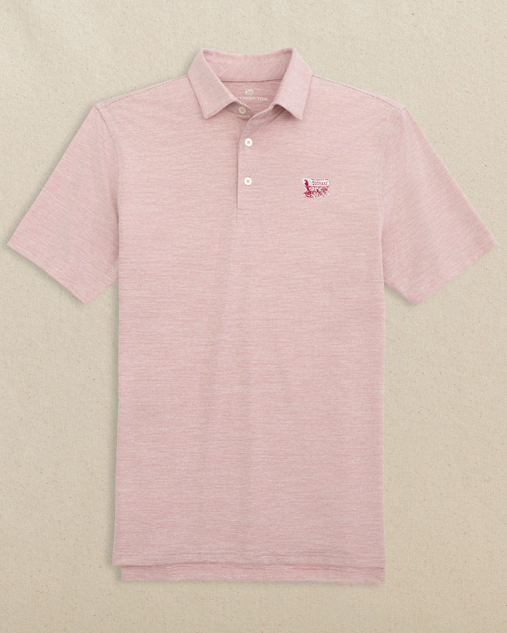 The front view of the Southern Tide Oklahoma Sooner Schooner Driver Spacedye Polo by Southern Tide - Crimson