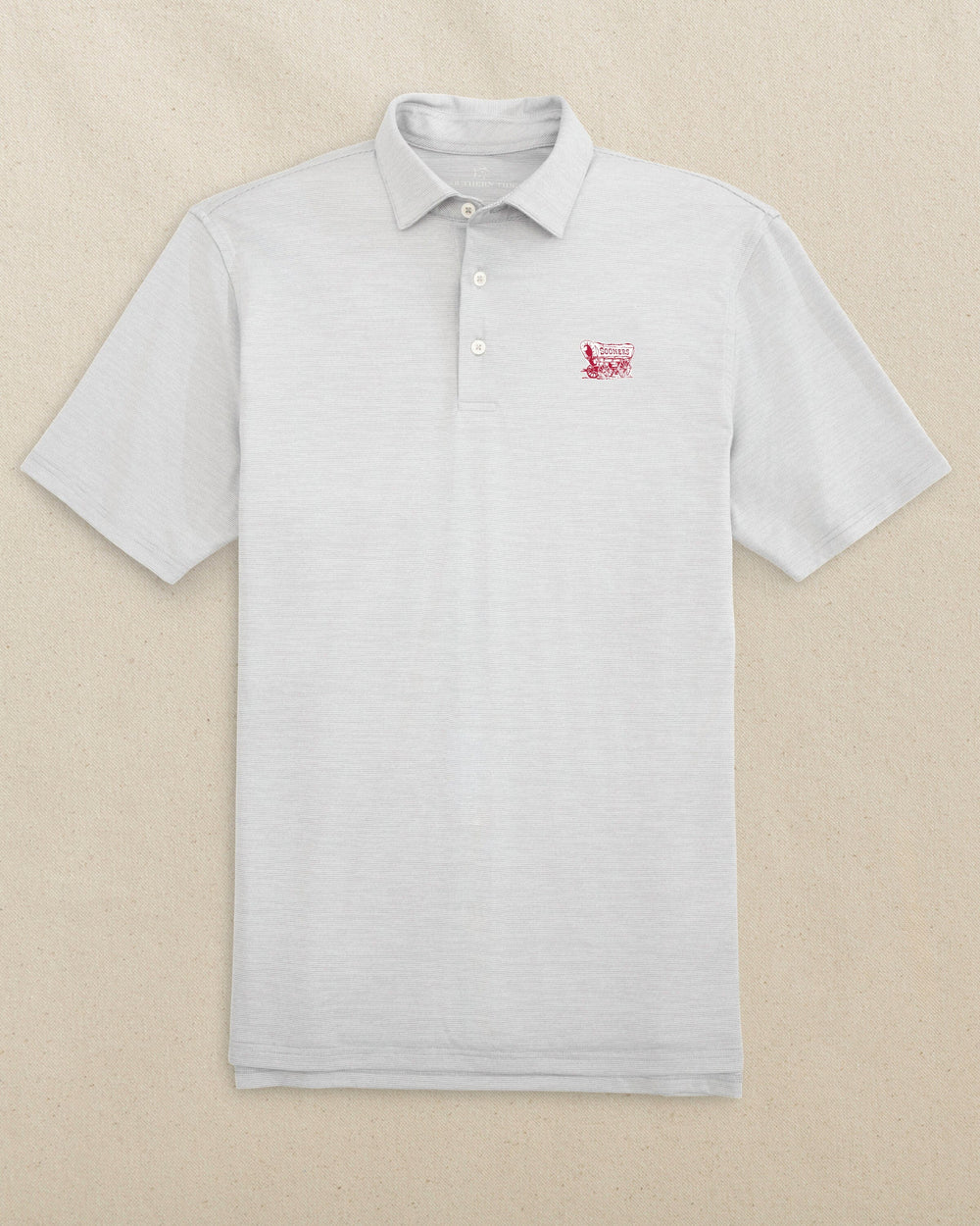 The front view of the Southern Tide Oklahoma Sooner Schooner Driver Spacedye Polo by Southern Tide - Slate Grey