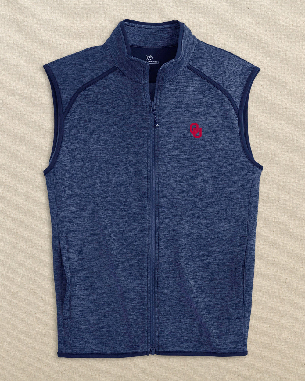 The front view of the Southern Tide Oklahoma Sooners Baybrook Heather Vest by Southern Tide - Heather Navy