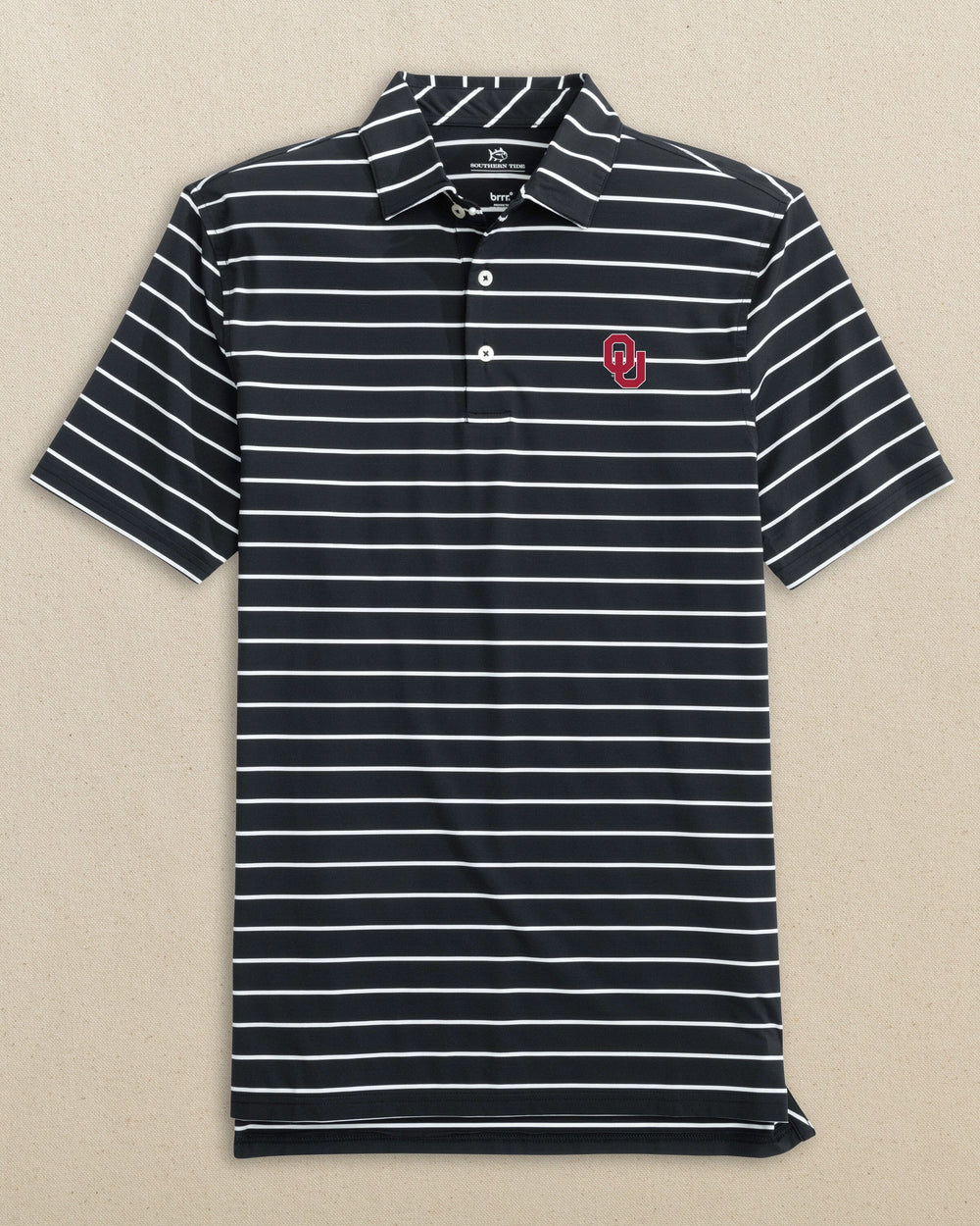 The front view of the Southern Tide Oklahoma Sooners brrr°®-eeze Desmond Stripe Polo by Southern Tide - Black
