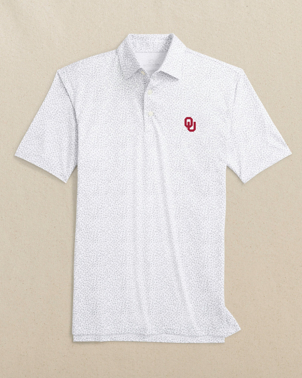 The front view of the Southern Tide Oklahoma Sooners Driver Gameplay Polo by Southern Tide - Classic White