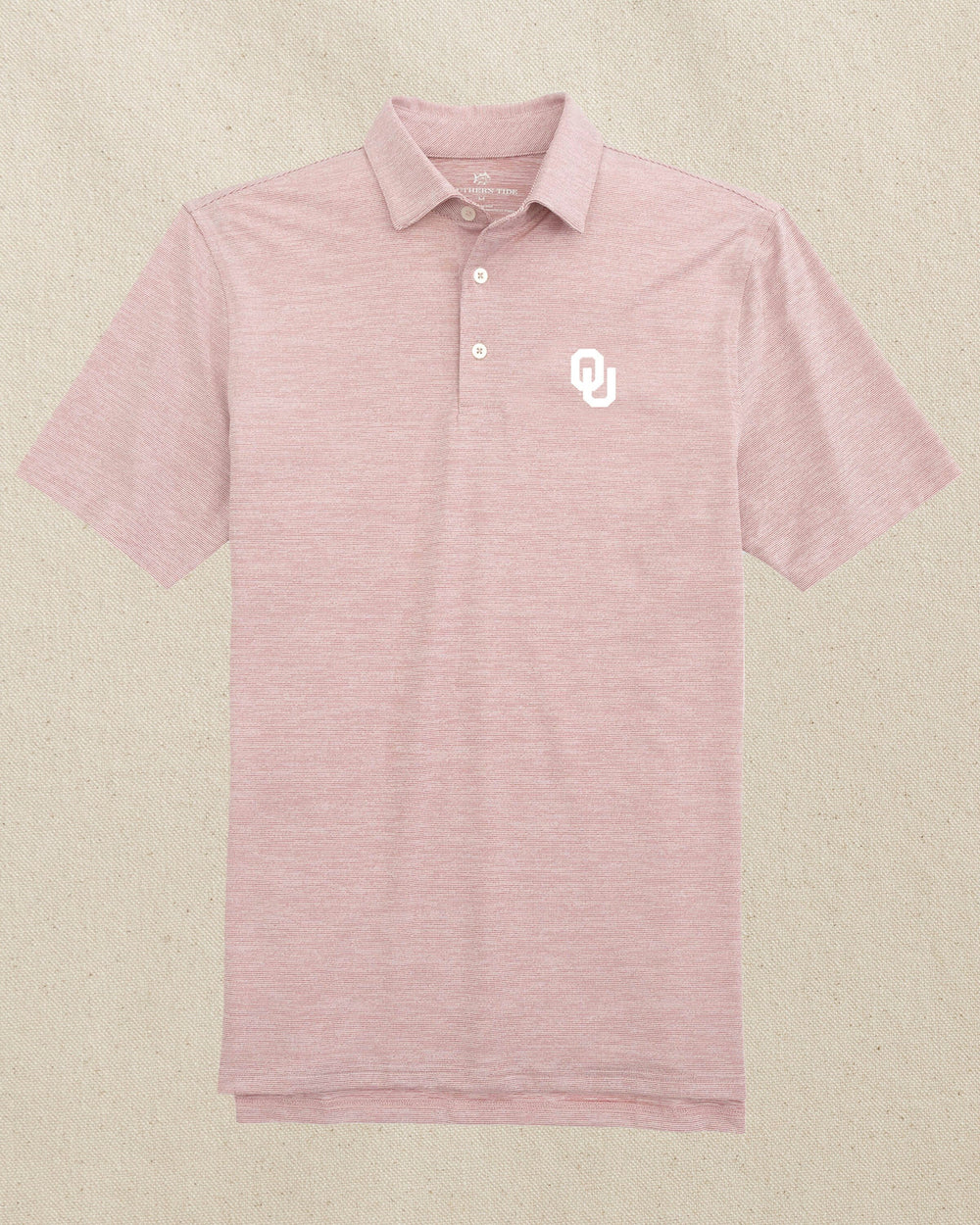 The front view of the Oklahoma Sooners Driver Spacedye Polo Shirt by Southern Tide - Crimson