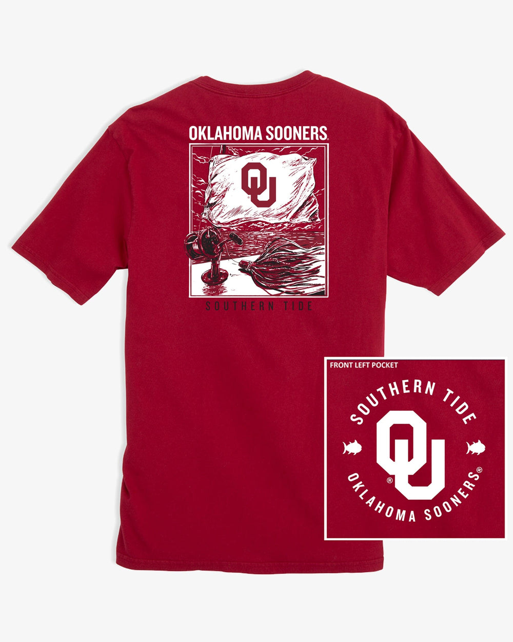 The back view of the Oklahoma Sooners Fishing Flag T-Shirt by Southern Tide - Crimson