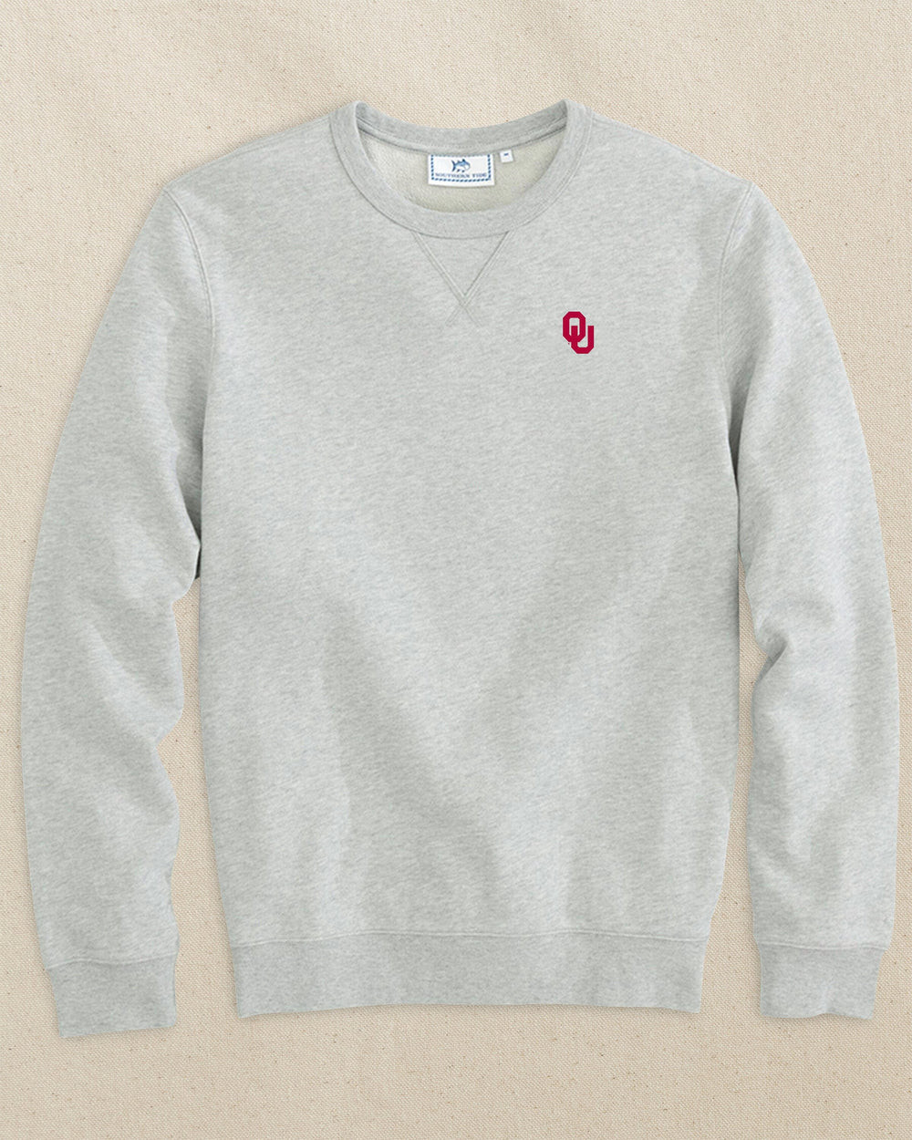 The front view of the Southern Tide Oklahoma Sooners Upper Deck Pullover Sweatshirt by Southern Tide - Heather Slate Grey