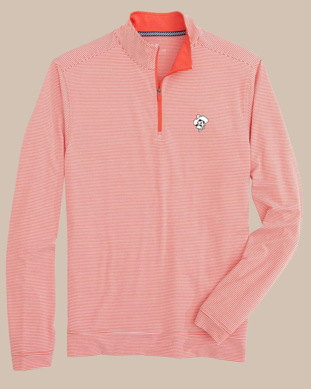 The front view of the Southern Tide Oklahoma State Cowboys Cruiser Micro-Stripe Heather Quarter Zip by Southern Tide - Heather Endzone Orange