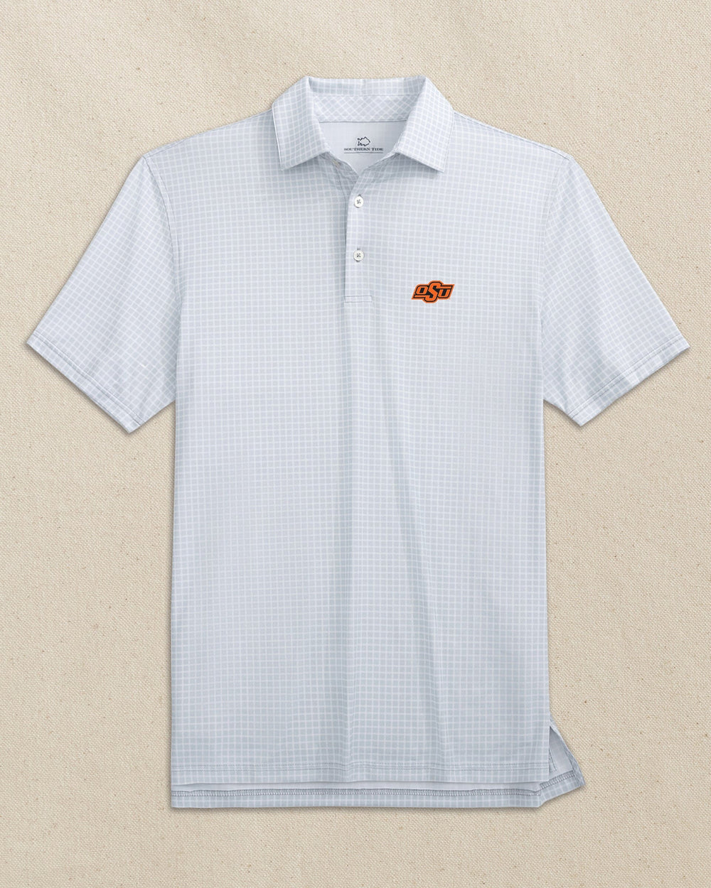 The front view of the Southern Tide Oklahoma State Cowboys Driver Dunes Edge Plaid Polo by Southern Tide - Slate Grey