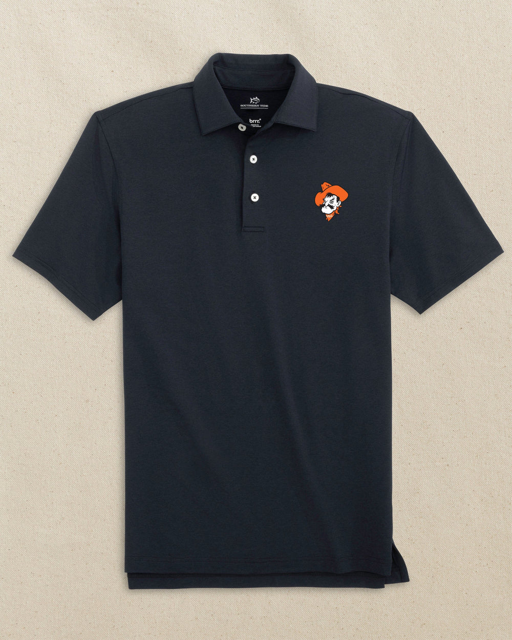 The front view of the Southern Tide Oklahoma State Pistol Pete brrr°®-eeze Heather Performance Polo by Southern Tide - Heather Caviar Black