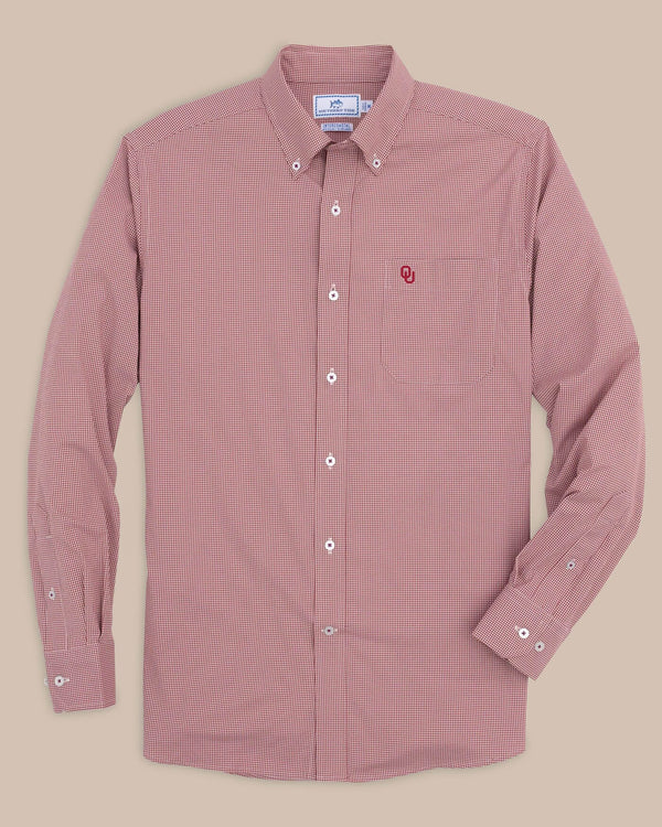 The front view of the Men's Red Oklahoma Sooners Gingham Button Down Shirt by Southern Tide - Crimson