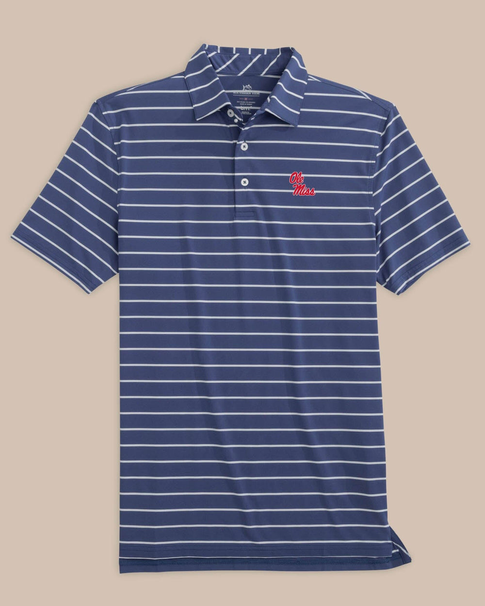 The front view of the Southern Tide Ole Miss Rebels brrr°®-eeze Desmond Stripe Polo by Southern Tide - Navy