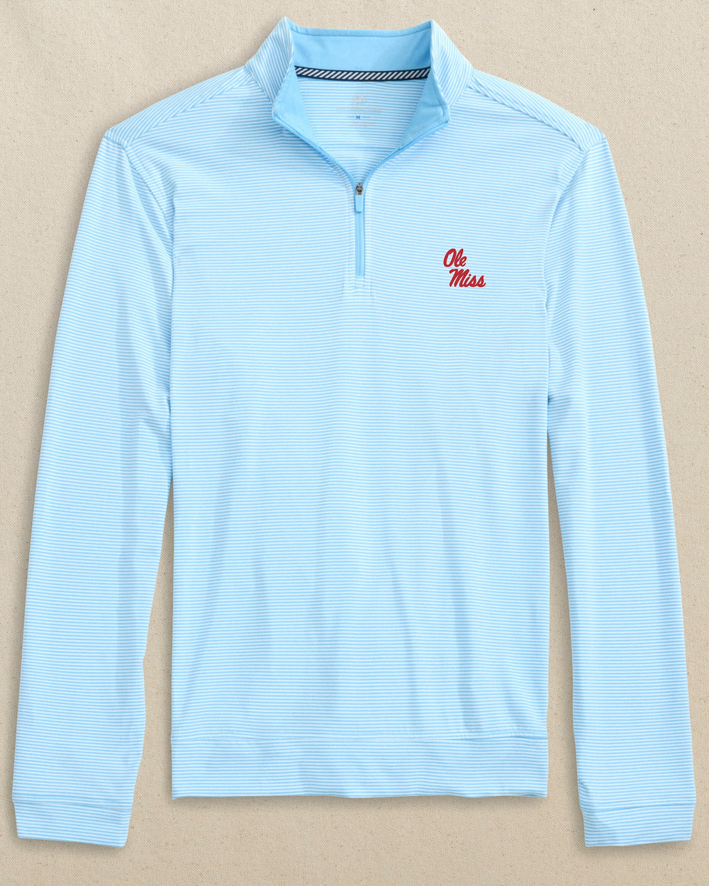 The front view of the Ole Miss Rebels Cruiser Micro-Stripe Heather Quarter Zip by Southern Tide - Heather Rush Blue