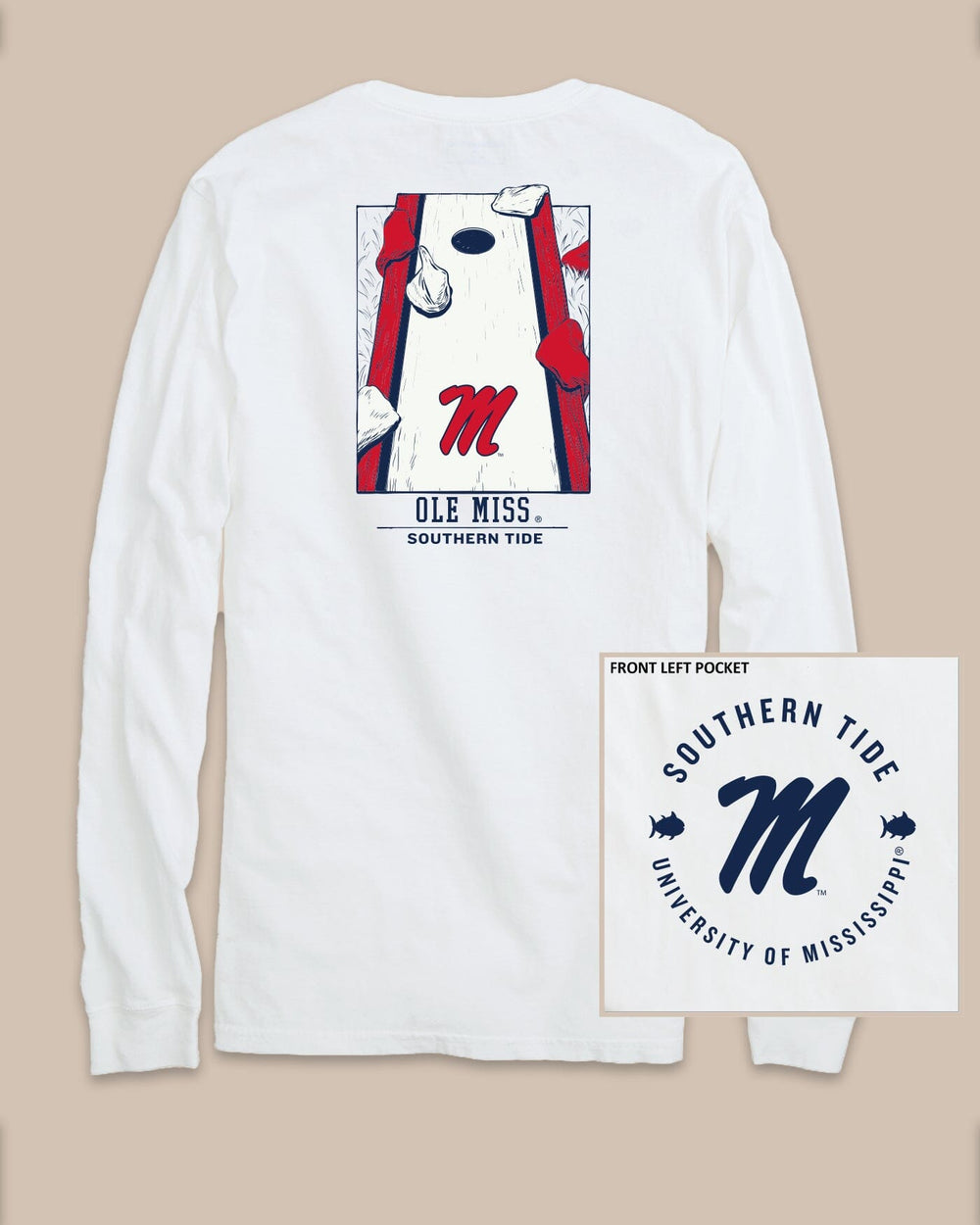 The back view of the Ole Miss Rebels Gameday Cornhole Board T-Shirt by Southern Tide - Classic White