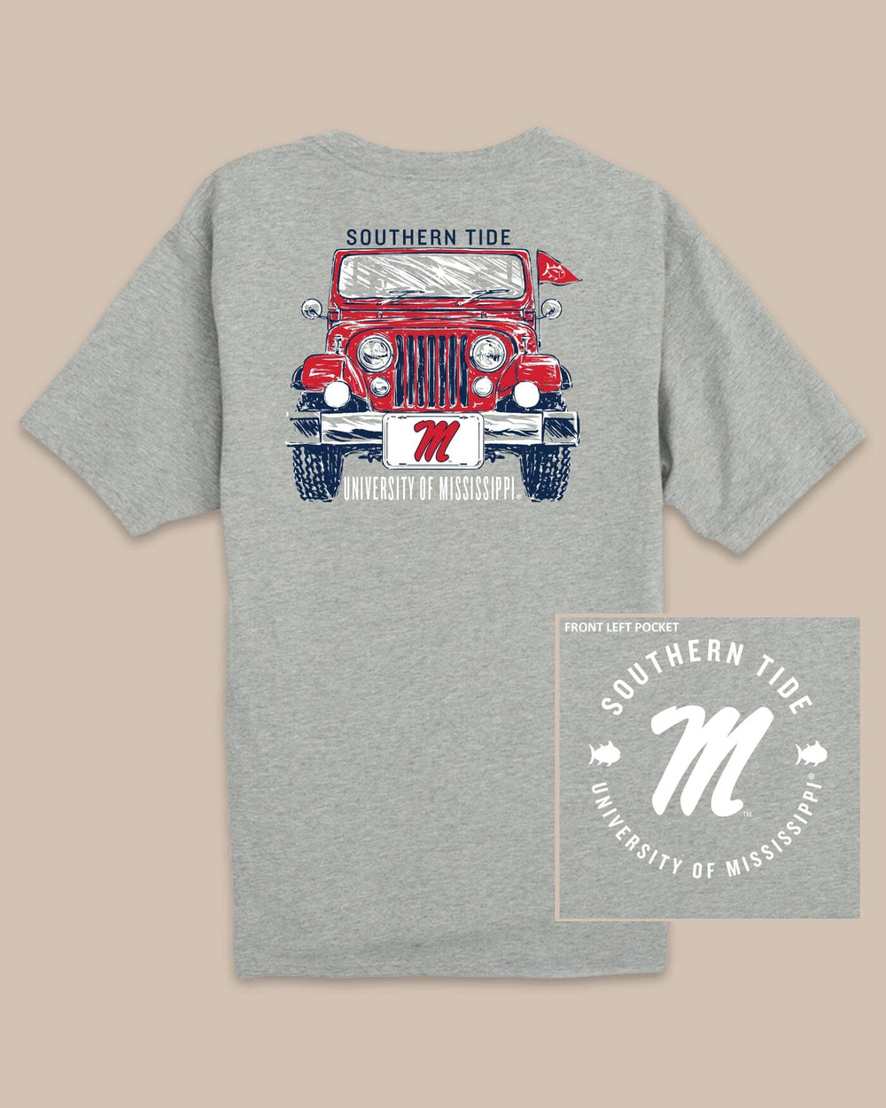 The back view of the Ole Miss Rebels Heather Front Plate T-Shirt by Southern Tide - Heather Grey