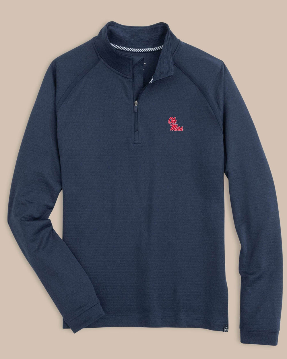 The front view of the Southern Tide Ole Miss Rebels Scuttle Heather Quarter Zip by Southern Tide - Heather True Navy