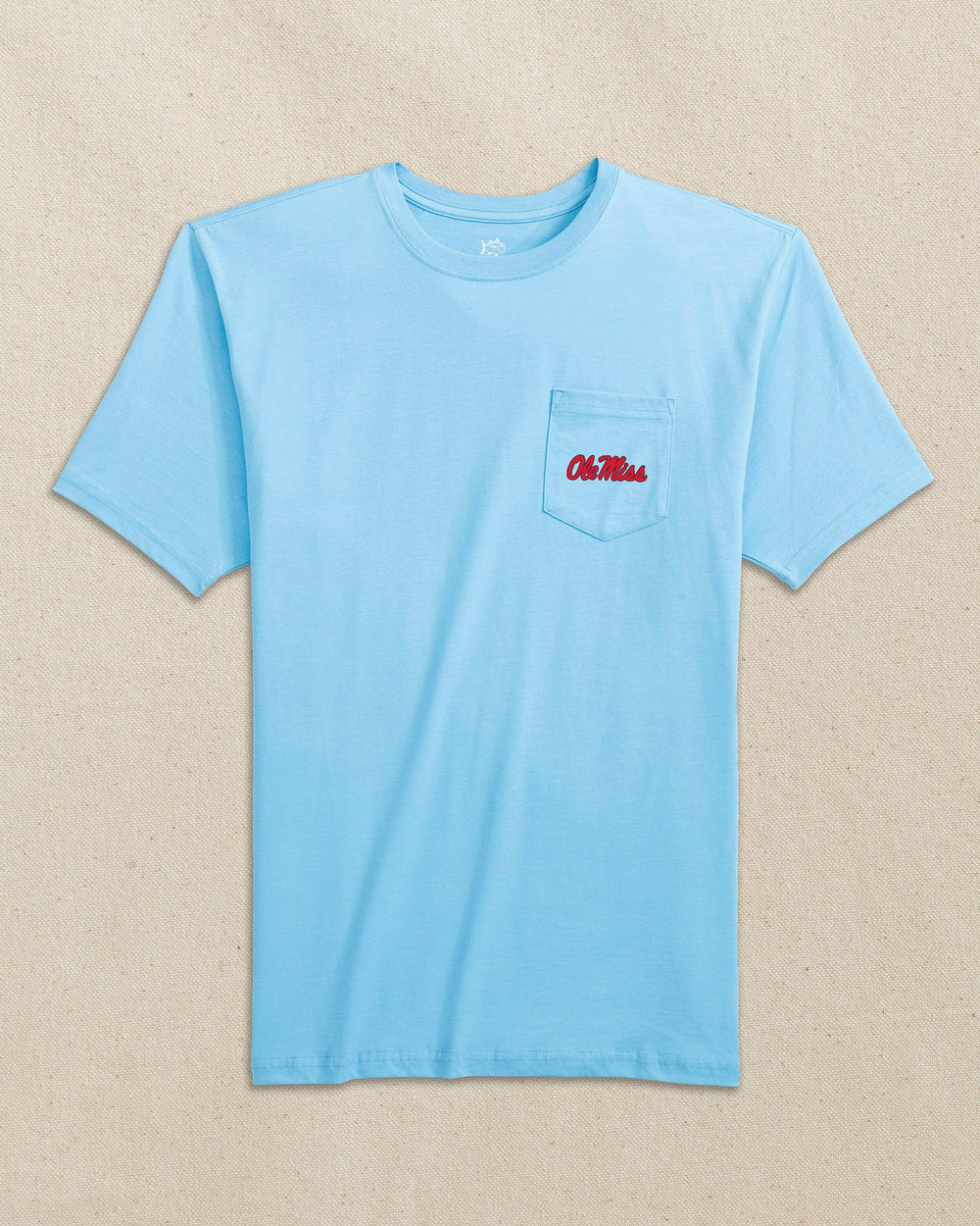The front view of the Southern Tide Ole Miss Rebels Skipjack Play Short Sleeve T-Shirt by Southern Tide - Rush Blue and Varsity Red