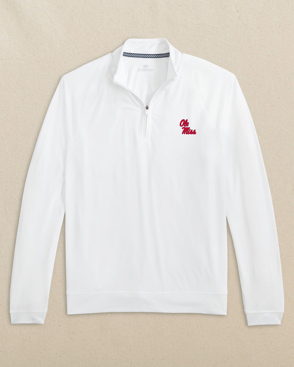 The front view of the Southern Tide Ole Miss Rebels Stacked Cruiser Quarter Zip by Southern Tide - Classic White
