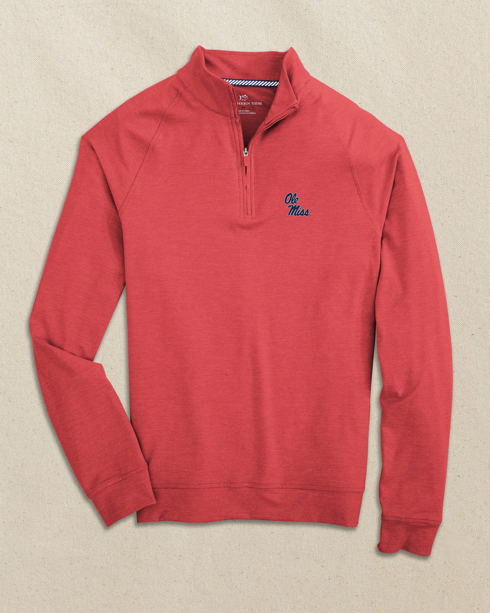 The front view of the Southern Tide Ole Miss Rebels Stacked Cruiser Quarter Zip by Southern Tide - Heather Varsity Red