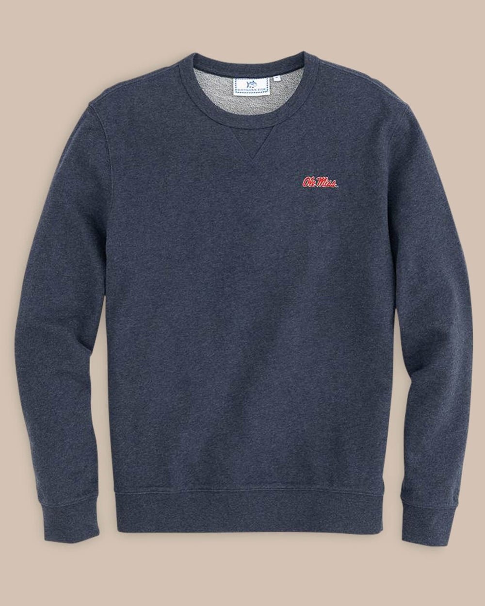 The front view of the Ole Miss Upper Deck Pullover Sweatshirt by Southern Tide - Heather Navy