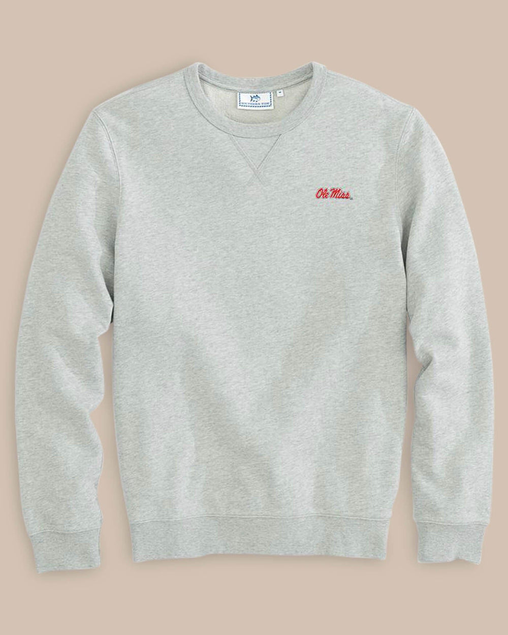 The front view of the Southern Tide Ole Miss Upper Deck Pullover Sweatshirt by Southern Tide - Heather Slate Grey