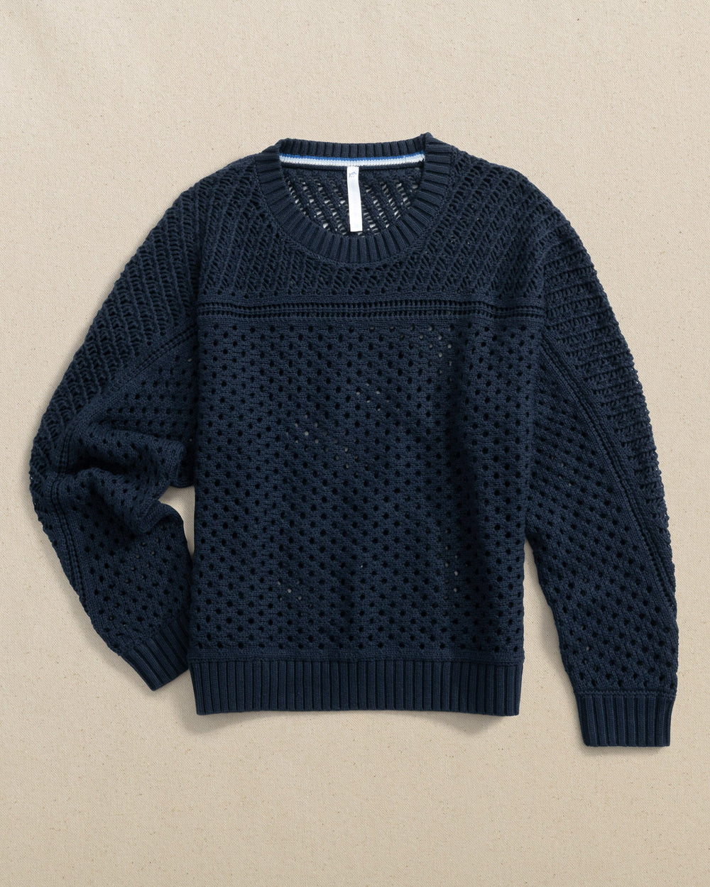 The front view of the Southern Tide Ophelia Open Stitch Sweater by Southern Tide - Dress Blue
