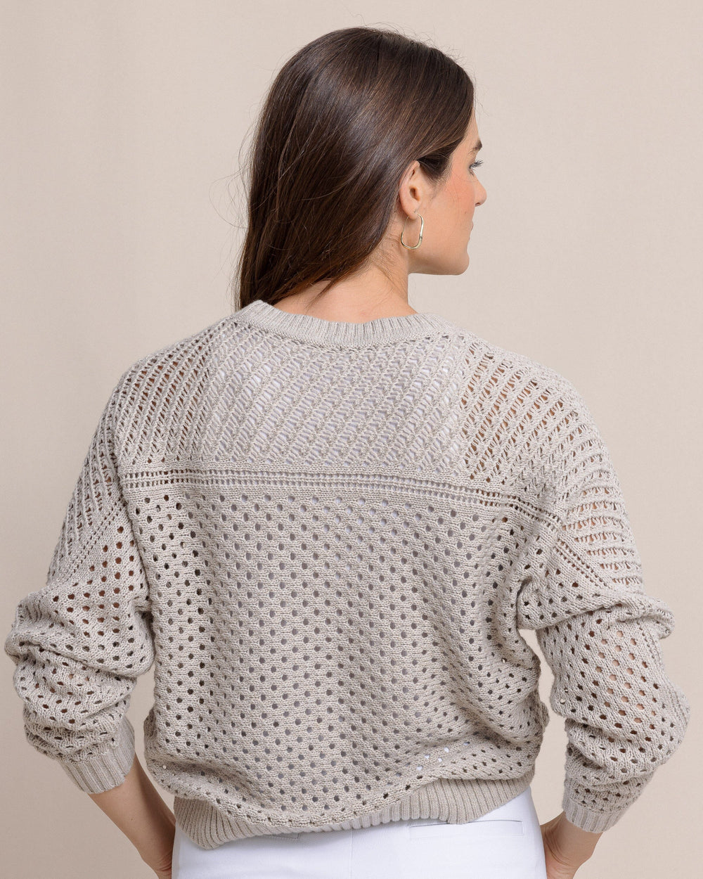 The back view of the Southern Tide Ophelia Open Stitch Sweater by Southern Tide - Driftwood Khaki