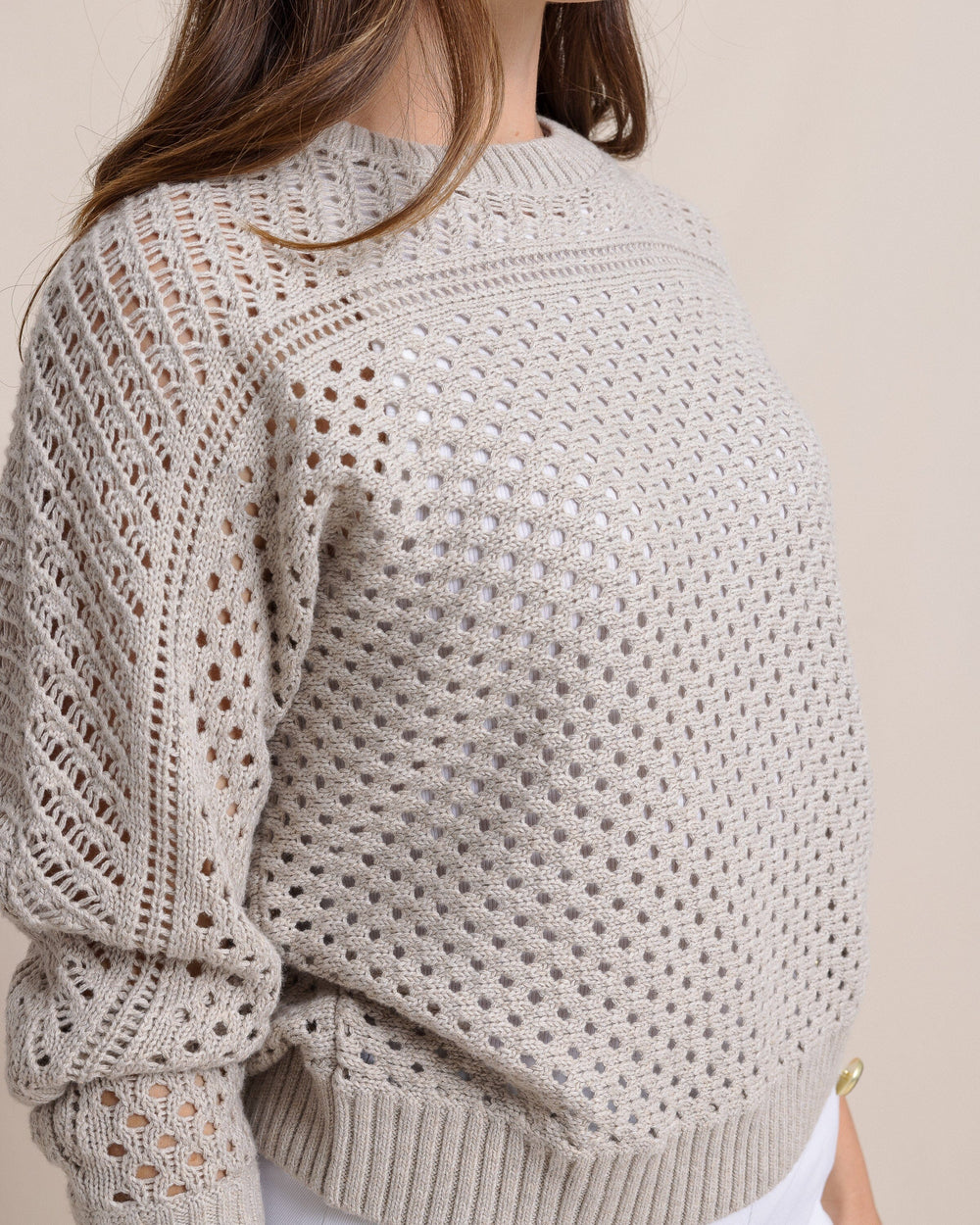 The detail view of the Southern Tide Ophelia Open Stitch Sweater by Southern Tide - Driftwood Khaki