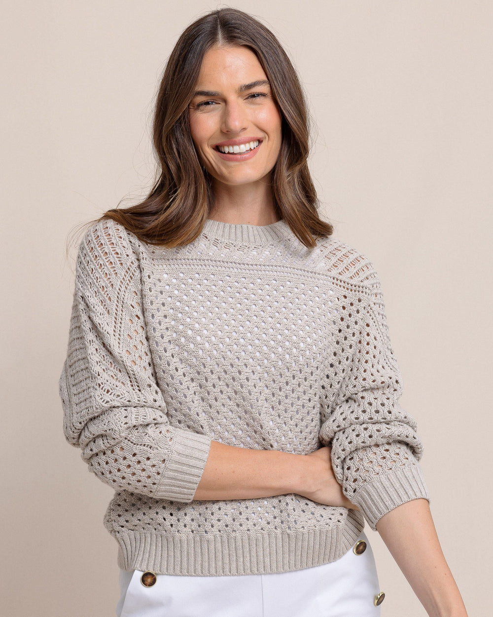 The front view of the Southern Tide Ophelia Open Stitch Sweater by Southern Tide - Driftwood Khaki